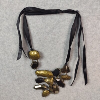Tied w/ Black Ribbon Woman's Necklace Gold Tone Shapes Black Gem Shaped Objects
