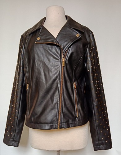 CALVIN KLEIN Moto Gold Studded Sleeves Faux Leather Jacket Large NWT Sold out! - Picture 6 of 9