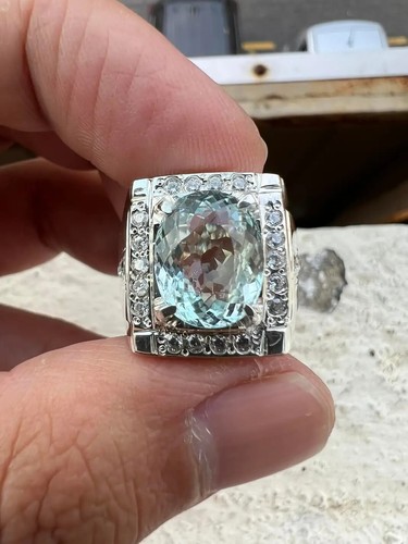 AAAA 3.5Carat Natural Aquamarine Gemstone 10k White Gold Men's Ring Black Friday