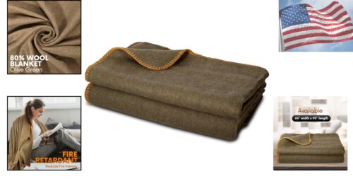 Warm Wool Blanket for Camping - Flame Retardant, Lightweight, Olive Green, 66x90 - Picture 2 of 10