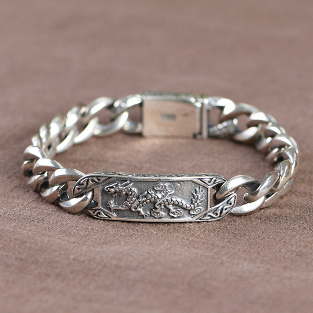 Solid 925 Sterling Silver Dragon ID With Curb Link Chain Bracelet 8.07INCH Long