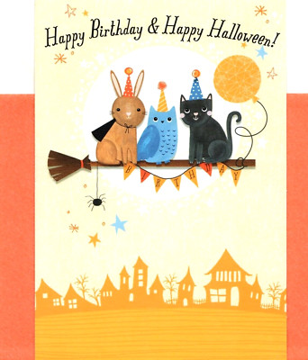 Happy Halloween Birthday Black Cat Broom Owl Costume Hallmark Greeting Card