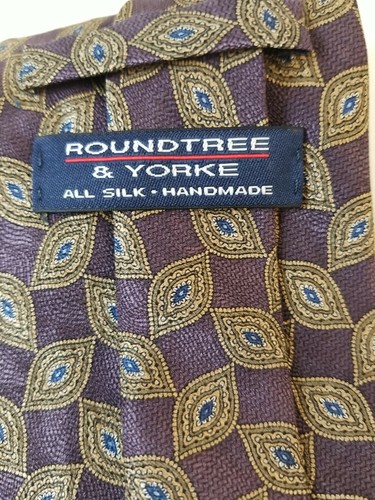 Roundtree&Yorke Men's Brown Silk Neck Tie Classic Gold Ovals Design Pre-Owned - Picture 5 of 5