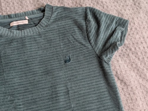 Top due terzi donna grande verde a costine velluto elasticizzato manica corta camicia girocollo - Foto 4 di 11