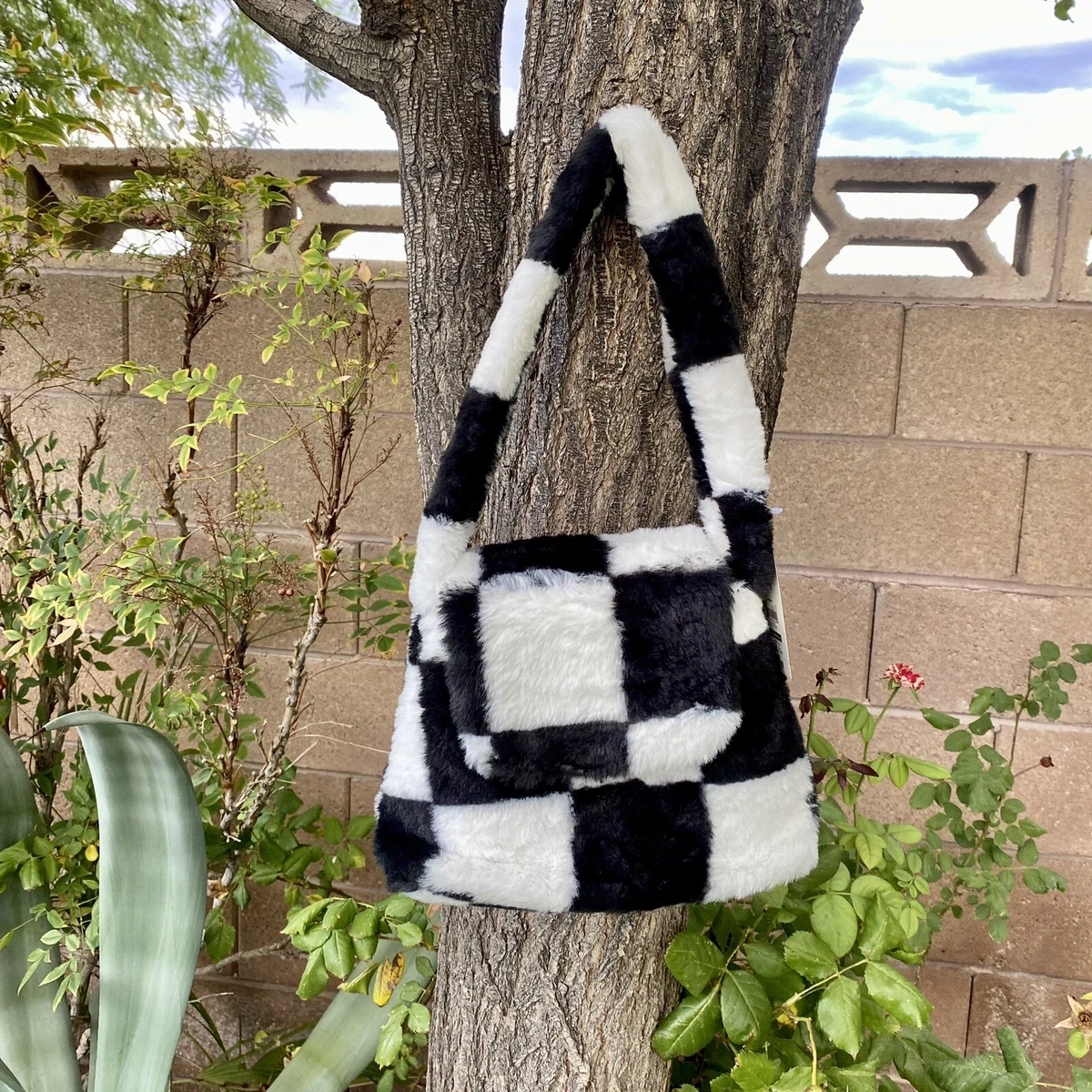 No Boundaries Fuzzy Fluffy Checkered Y2K Black White Hand Shoulder