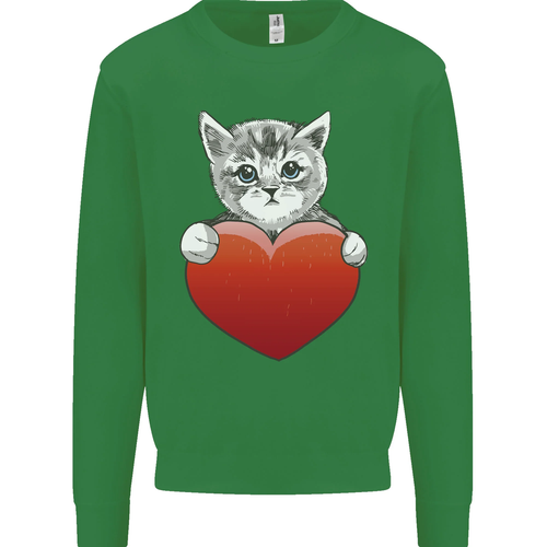a Cute Cat With a Heart Love Valentines Day Kids Sweatshirt Jumper - Picture 9 of 97
