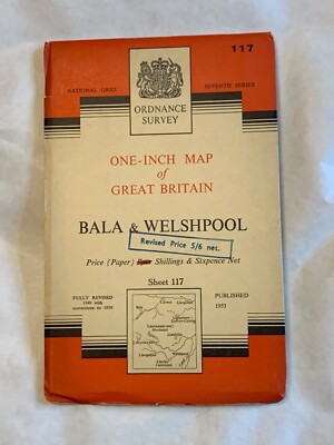 OS Ordnance Survey One Inch Paper Map, Bala & Welshpool, Sheet 117,1953