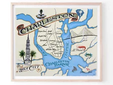 Charleston SC retro map Print art decor vintage style South Carolina beach