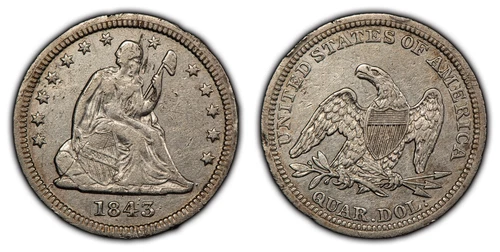 1843 25c Seated Liberty Silver Quarter - Early US Coin - XF Dets - SKU-B3452