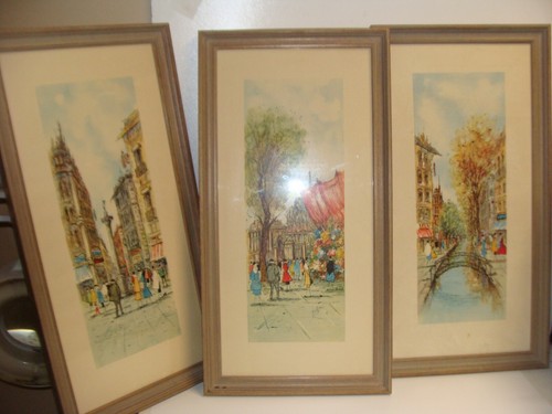 Lot of 3 Glass Framed European Paris France Original Sketch 14" x 26" Boufforie - Picture 1 of 7