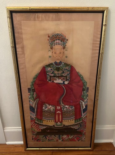 Antique Original Chinese Ancestor Portrait Painting on Paper, Bamboo Framed