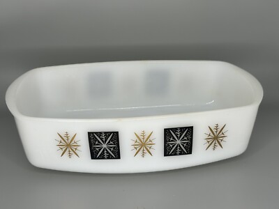 Federal Glass Atomic MCM Casserole Dish Milk Glass Gold & Black has Some Damage