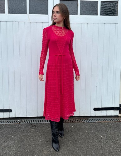 Nana 70's Vintage Pink Crochet Long Sleeve Belted Semi Sheer Boho Midi Dress - Picture 9 of 9