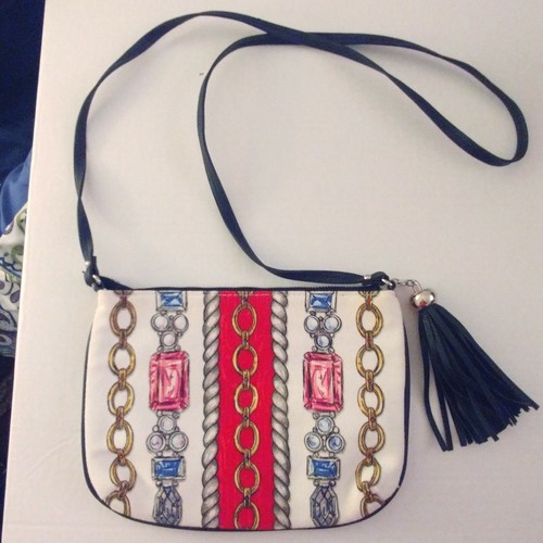 Brighton Canvas LOVE Purse Leather Tassel Detail Crossbody Bag Jewel Design 10" - Picture 6 of 12