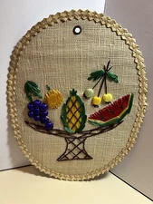 Vintage Mid Century MCM Raffia Palm Woven FRUIT Wall Hanging Art Pineapple Grape