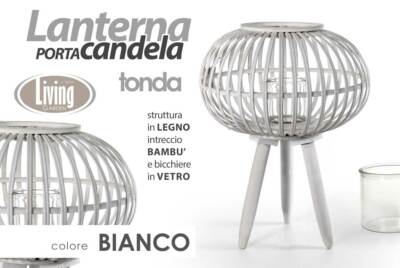 Lanterna Portacandela Tonda In Bambù Intrecciato Con Piedi E Bicchiere In Vetro – Naturale, 17x61 Cm, Marchio GICOS