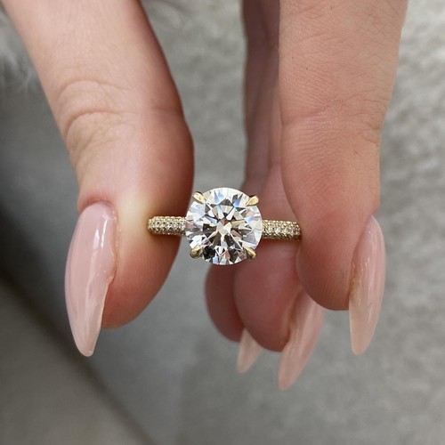 Solitaire w/ Pave Band Ring 2.5ct Round Labcreated Diamond E/VS1 14K Yellow Gold - Picture 7 of 12