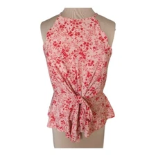 Meraki Scalloped Tie Waist Trapeze Top Sz L Sleeveless Pink Red Floral Peplum