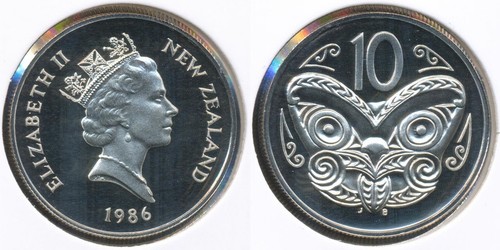 Nueva Zelanda 1986 diez centavos 10c Isabel II - prueba - Imagen 2 de 3