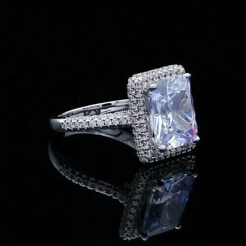 Halo Verlobungsring 925 Sterlingsilber 2Kt Smaragdschliff simulierter Diamant - Bild 3 von 4