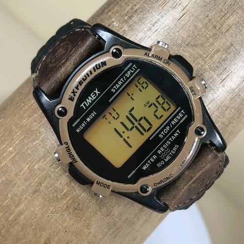 Vintage Timex Expedition Men 745  Brown Leather Quartz Digital 37mm Watch 7 3/4"