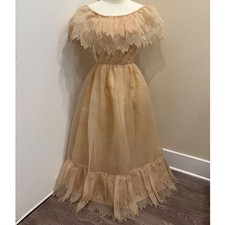 VTG 70s Victor Costa Champagne Organza Ruffle Off Shoulder Gown Fairy Castle XS