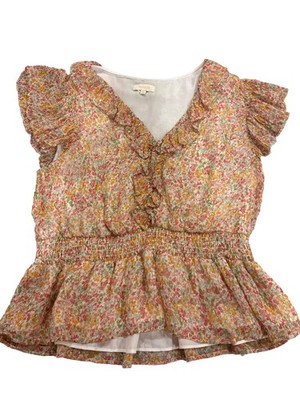 Parker Floral Ruffle V Neck Smocked Waist Peplum Blouse Gold Thread Size Large