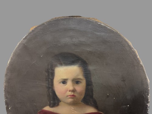 Primitive Antique Folk Art Victorian Oval Portrait Painting on Canvas Girl Curls - Picture 2 of 6