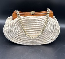 Vintage Woven Ivory Straw Raffia Purse Wood Top Frame Goldtone Hardware 12