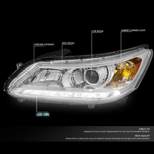 FOR 2013-2015 HONDA ACCORD PAIR CHROME AMBER PROJECTOR HEADLIGHT/LAMP W/LED DRL - Picture 2 of 8