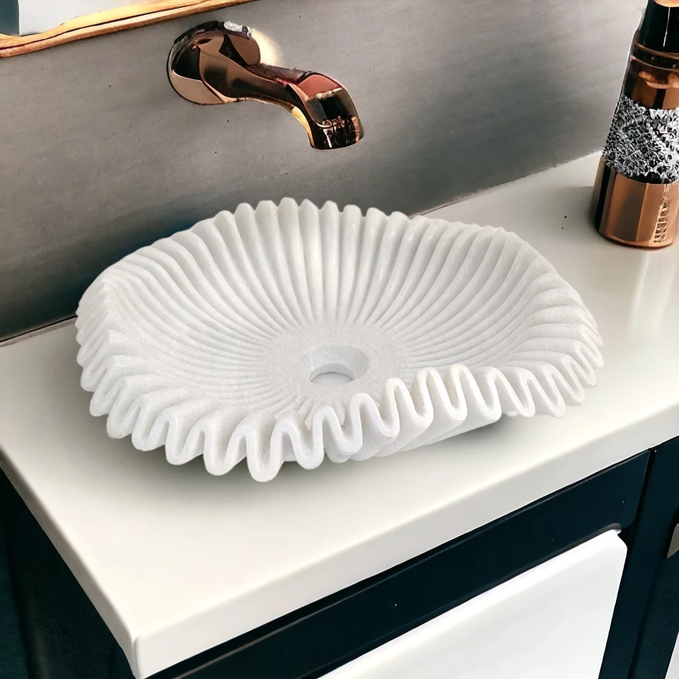 Fregadero de mármol blanco | Lavabo de piedra natural artesanal | Fregadero de baño de mármol Foto 2 de 4