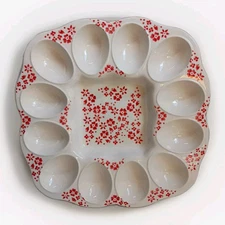 Farval Deviled Egg Platter Hand Painted Portugal Red & White Floral