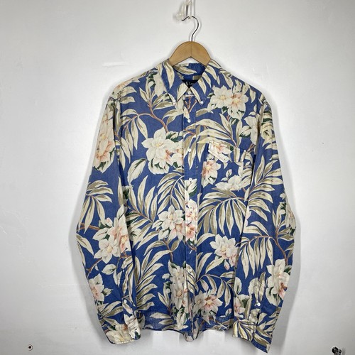 Ralph Lauren Linen Shirt Mens XL Blue Floral Vintage Summer Hawaiian