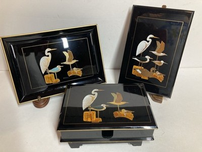 3 Piece Set Vintage Japanese Otagiri Lacquerware Tray, Card Box, Address Book
