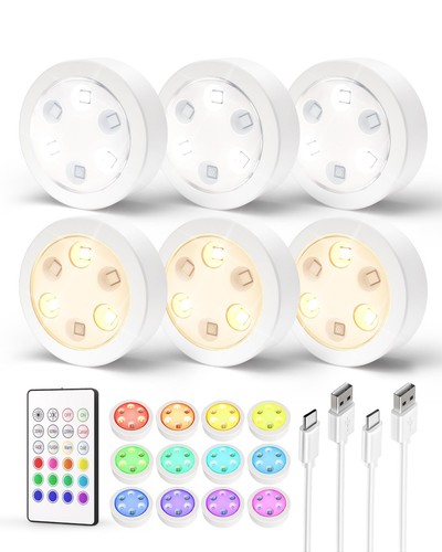 Puck Lights with Remote,1200mAh Rechargeable Tap Light,RGB LED Display Lighti...
