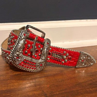 B.B. Simon Red Wide Studded Rhinestone Western Belt w/ Silver Buckle Sz 40trojan