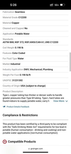 STREAMLINE 617F Type L Soft COPPER coil Water Line 3/8 in X 60 ft 3P666 Granger - Picture 3 of 10