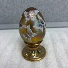 Vtg Fenton Art Glass Pedestal Egg Aurene Hand Painted Floral  Artist Signed