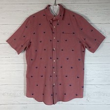 Chaps Mens Large Shirt Button Down Short Sleeve Dress Salmon Pink w/Blue Whales