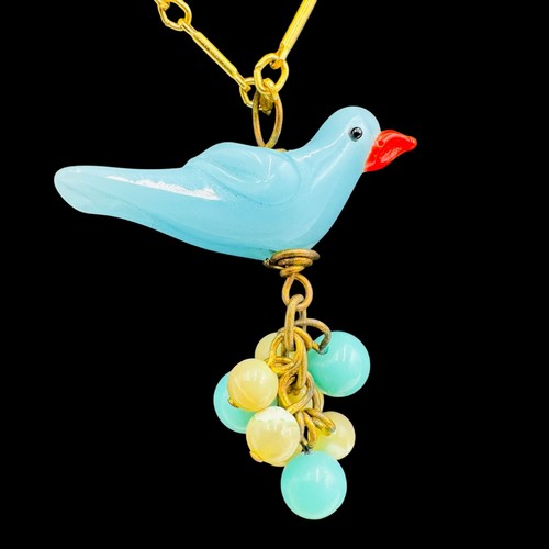 Collar Colgante Vintage Lenora Dama Arte Vidrio Pájaro Azul Sentado en Huevos Dorado A - Imagen 11 de 20