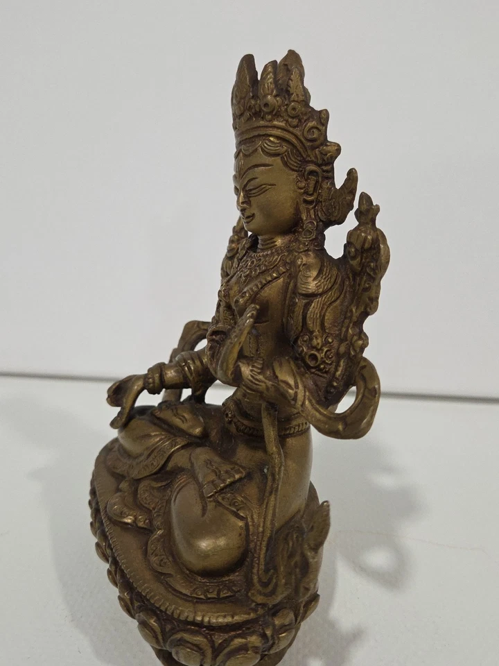 Antiguo Tíbet Bronce Dorado Verde Tara Mahayana Budismo Iluminación Diosa Estatua Foto 2 de 4