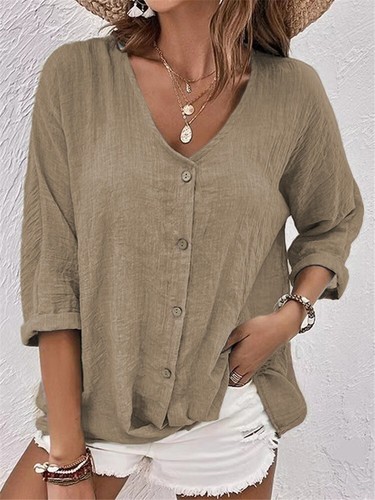 T-shirt Blouse Plain Womens Travel Button V neck Holiday Tops Tee Long Sleeve UK - Picture 4 of 15