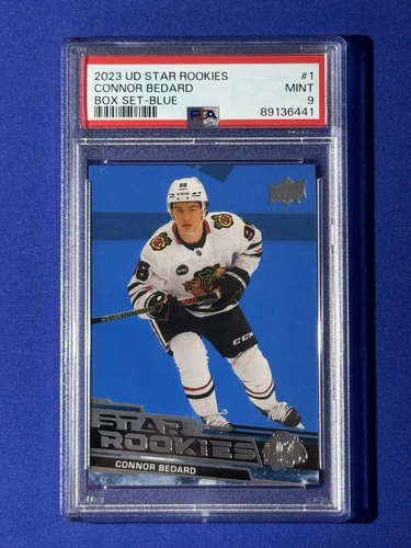 2023 UD Star Rookies #1 Connor Bedard RC Blue Refractor Chicago Blackhawks PSA 9
