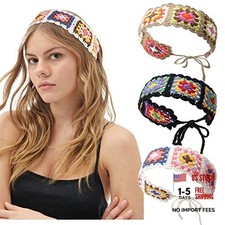 Hairband, 3PCS Crochet Headband Women Floral Square Black Beige Khaki