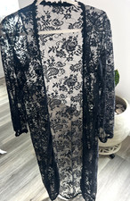 Black Sheer Lace Duster Cardigan Maxi Robe Small S Long Sleeve Boho kimono