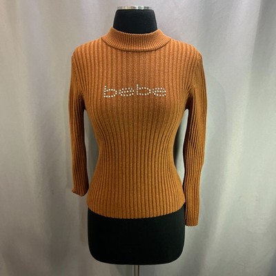 Bebe Rhinestone Logo Sweater Women Large Brown Ribbed Knit Mock Neck Long Sleeve