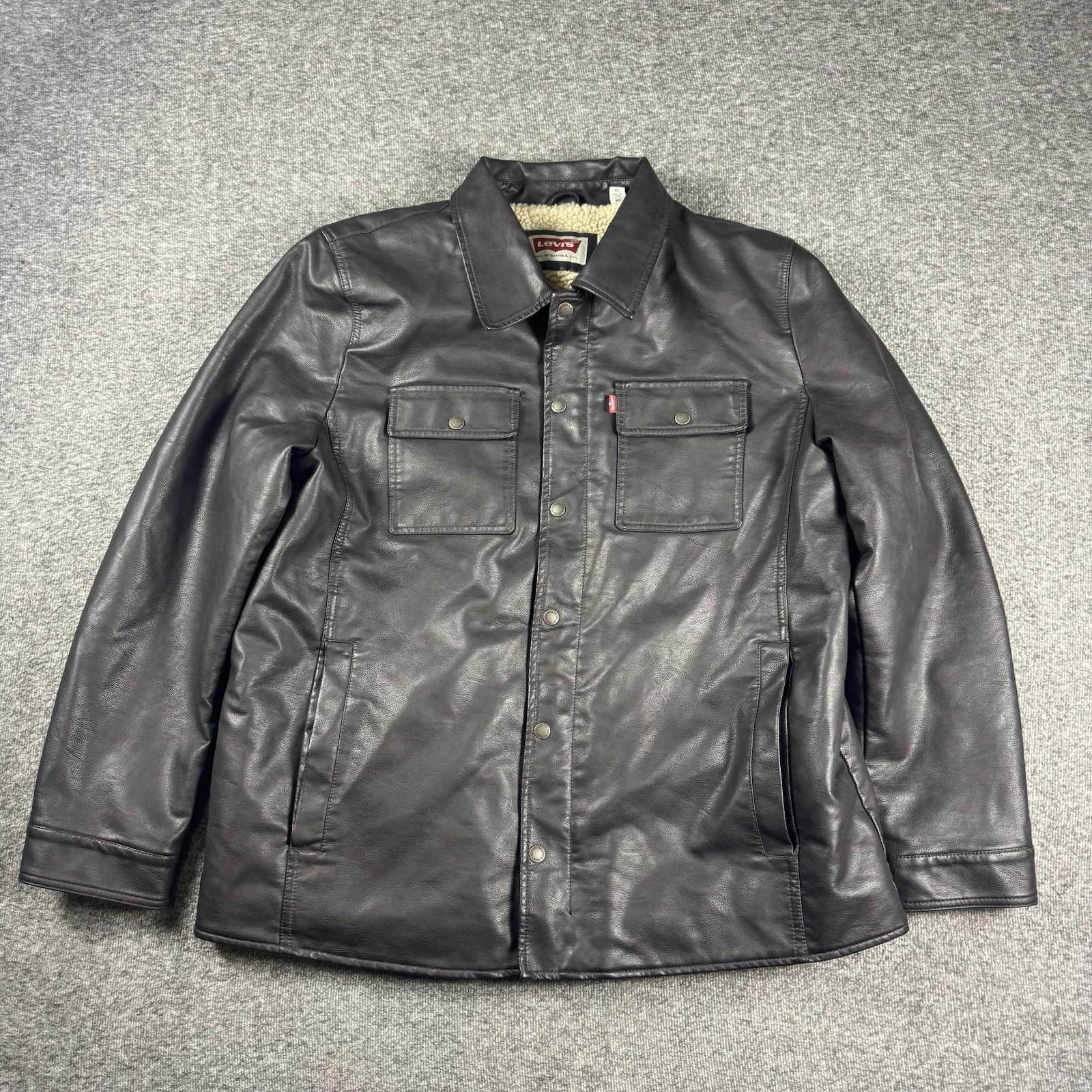 Levis Leather Jacket Mens XL Black Faux Sherpa Lined Full Zip Snap Classic