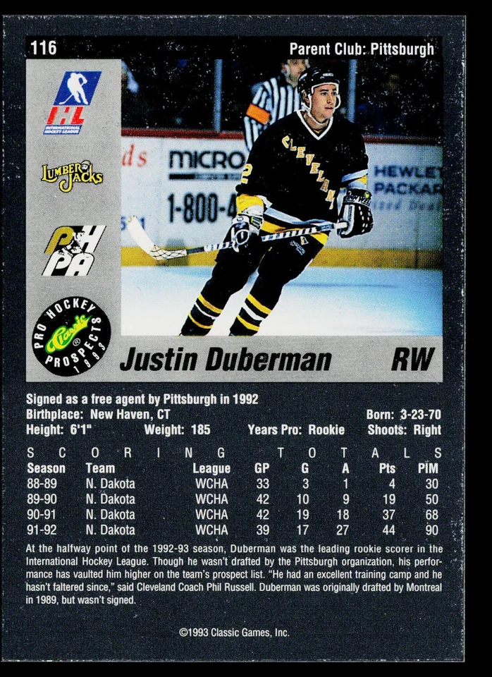 1993 Classic Pro Prospects #116 Justin Duberman Cleveland Lumberjacks - Image 2 of 2