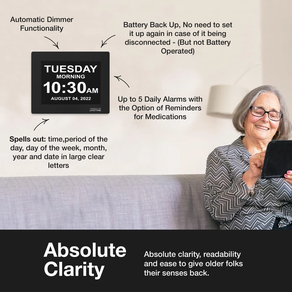 LARGE DIGITAL WALL CLOCK FOR SENIORS BLACK POLISHED 8INCH HIGH RESOLUTION DISPLA - Image 3 of 4