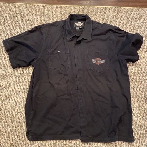 Harley Davidson Camicia Uomo 2XL Nero Gessato Meccanico Ricamato Logo Patch